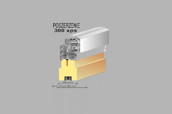 Schemat techniczny poszerzenia termicznego XPS 300 z frezami do montażu pod okna i drzwi