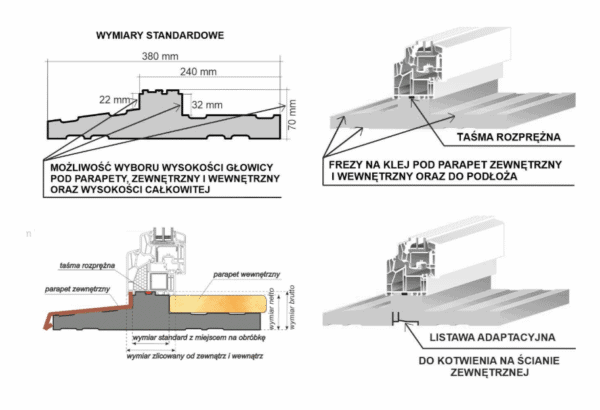 Schemat techniczny parapetu termicznego STRONG XPS 700 z wymiarami i profilem głowicy
