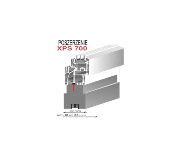 Przekrój poszerzenia XPS 700 STRONG z wymiarami i elementami montażowymi