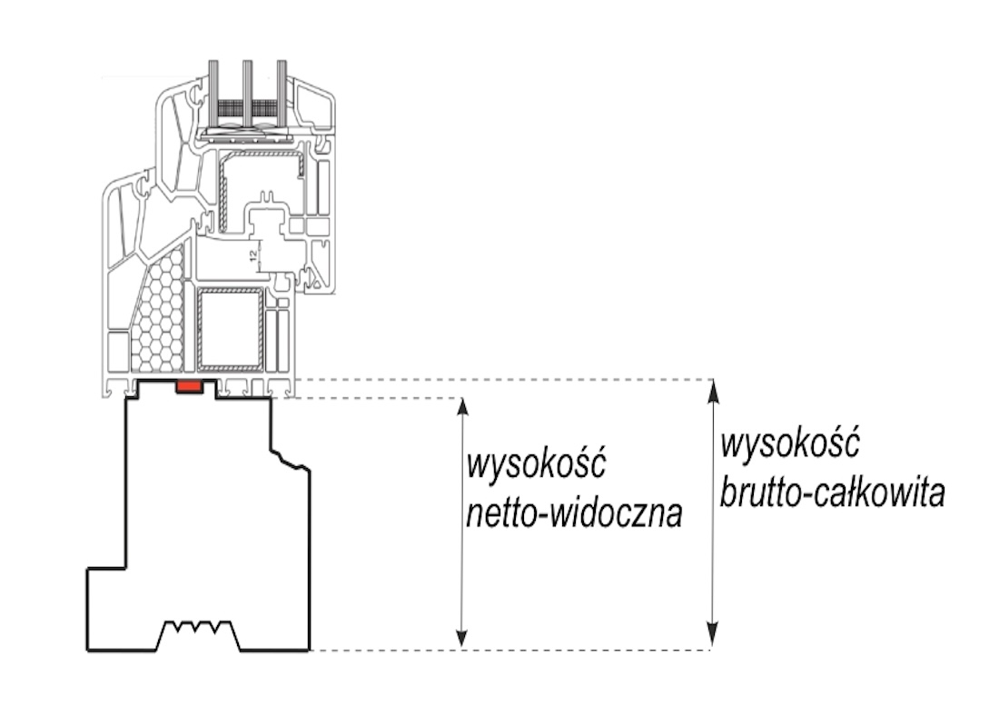 Schemat techniczny podwaliny drzwi balkonowych XPS z oznaczeniem wysokości netto-widocznej i brutto-całkowitej.