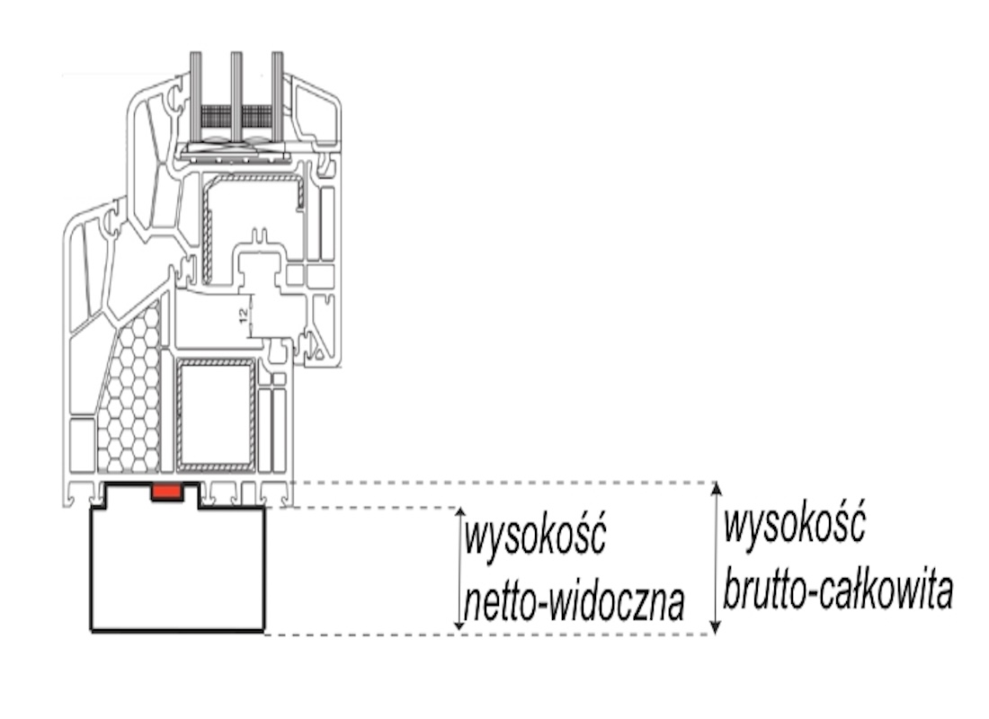 Schemat techniczny listwy termicznej POLARYT (EPS, XPS, Purenit) z oznaczeniem wysokości netto i brutto.